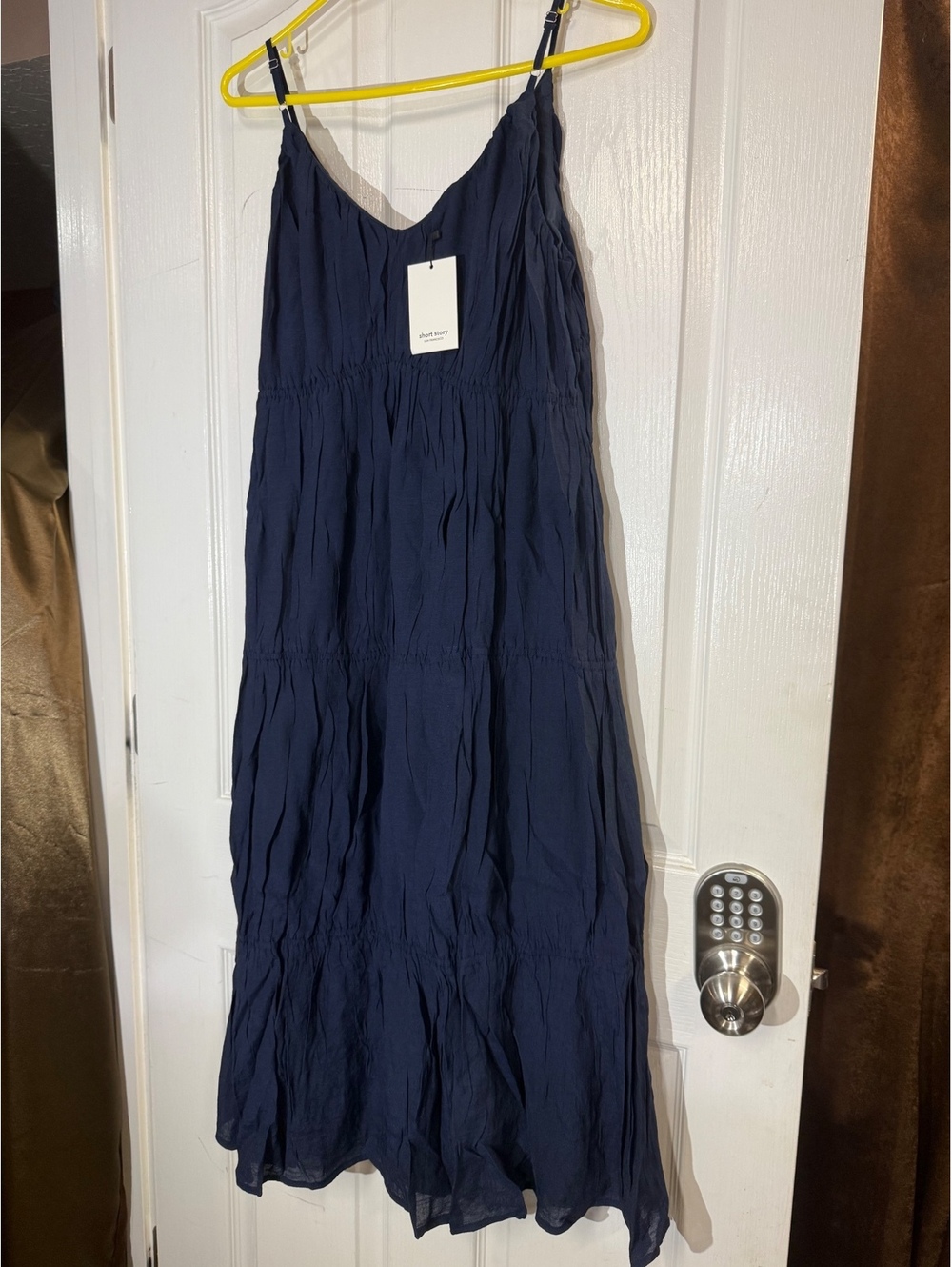 All Row Short Story Womens SP Navy Blue Tiered Midi Sundress Cami Smocked NWT